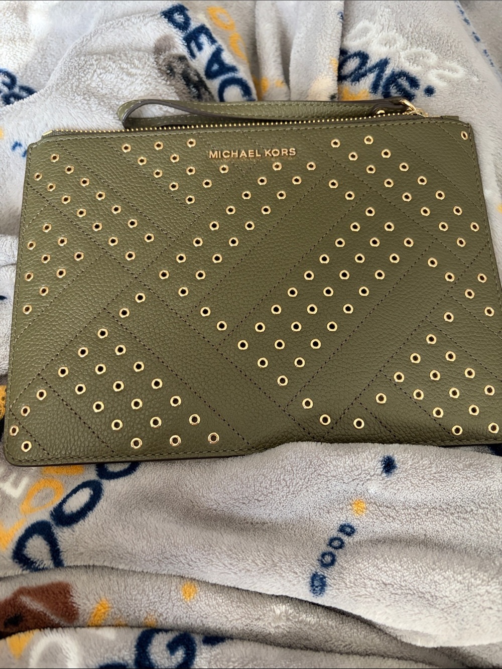 Michael Kors Olive Green Eyelet Leather Wristlet Clutch with Gold Hardware